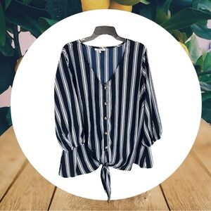 Speed Limit Navy/White Striped 3/4 Sleeve Blouse w Tie Bottom Women 3X